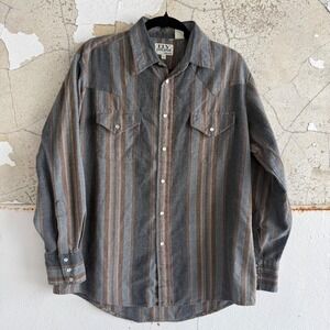 Vtg Western Flannel Shirt Striped Button Down Pearl Snap Men L Ely Cattleman 90s
